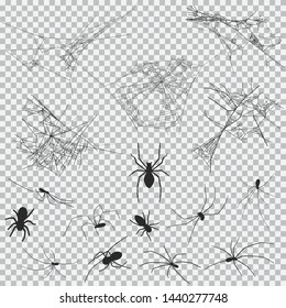 Cobweb and spider vector black silhouette set for Halloween isolated on a transparent background.