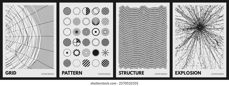 Cobweb or spider web. Connection structure. Black and white texture. Irregular array or matrix of random ovals. Array with dynamic particles. Collection of different graphic elements. Icon set. Vector