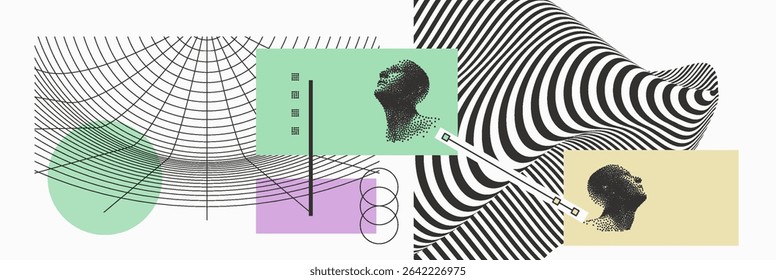 Cobweb or spider web. Connection structure. Science or technology background. 3D grid surface. Man looking up, head made of dots. Concept of discovery, exploration and learning. Vector for cover.