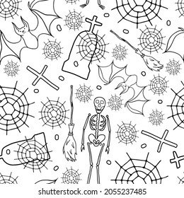 Cobweb, tombstone, crosses, bat, skeleton, broom. Seamless vector pattern for Halloween. Monochrome illustration.