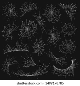 Cobweb. Vector Halloween Cobwebs, Corner Web Collection, Spider Webs Decor Elements Clipart, Spooky Scary Cartoon Spiderweb Decoration Isolated On Black Background