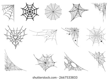 Cobweb vector set with corners and frames for Halloween invitations, spooky graphics, and decorative overlays.