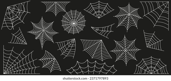 Cobweb white color big set. Spider web horror gothic outline for Halloween holiday decoration. Vector isolated shape on black background