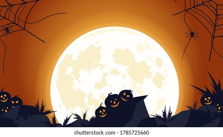 Cobwebs and an abandoned wasteland with pumpkins and scary thickets. Scary halloween isolated background. Orange and yellow background. Vector illustration.