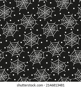 Cobwebs background pattern for All Saints' Eve. Halloween festive seamless print for decor for fun spooky party, cute horrible product. Hand drawn black white web for amusing creepy nursery wallpaper.