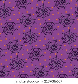 Cobwebs background pattern for All Saints' Eve. Halloween festive seamless print for decor for fun spooky party, cute horrible product. Hand drawn purple black web for amusing creepy nursery wallpaper