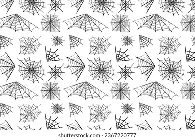 Cobwebs background for various designs for Halloween, horror autumn holidays. Seamless spider web pattern, black spider webs in doodle style for horror designs.