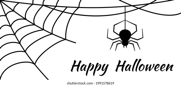 Cobwebs and a hanging spider on white background. Angular shape. Decorating the room for the holiday, design object, banner, poster. Happy Halloween spiderweb greeting card. Vector flat slyle
