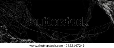 Cobwebs on dark background. Hanging tangled thread. Halloween banner. Horror and gothic spooky symbol vector illustration. Realistic spider web scary wallpaper