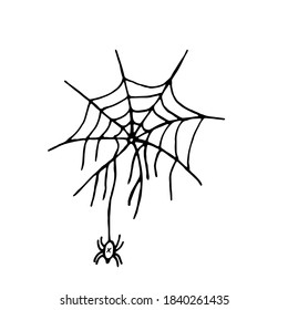 telaraña, arañas de pendant. Desgarrando la web. Gran araña. Halloween. Dibujo manual. Elementos de decoración. Vector.