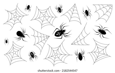 Cobwebs and spiders for Halloween. Scary collection for party, holiday and decoration. Background template with horrible spiders and creepy cobwebs. Isolated black silhouette. Vector illustration