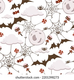 Cobwebs, spiders, moon, clouds, sweet food, candies, lollipops. Seamless background for Halloween, vector cartoon illustration. White background pattern, like brown, black, red, gray colors.