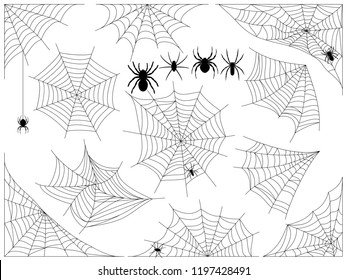 Cobwebs and spiders. Set of vector illustrations for scary design or Halloween. Web in the corners and in the center. Сollection of different cobwebs and spiders contours isolated on white.