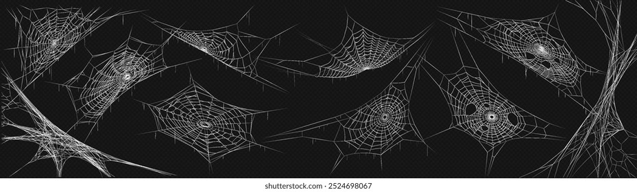 Cobwebs variations realistic icons vector set. Scary Halloween decoration creating spooky atmosphere 3d objects illustrations on black