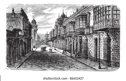 Coca and Bodegones intersection in Lima, vintage engraved illustration. Coca and Bodegones intersection in Lima, Peru, during the 1800s. Trousset encyclopedia (1886 - 1891).