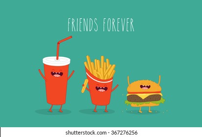 Coca Cola, hamburger, french fries, fast food menu. Vector Illustration. Use for card, poster, banner, web design and print on t-shirt. Easy to edit.