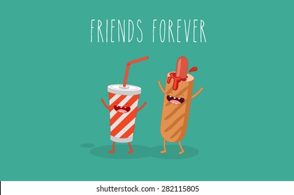 Coca Cola, hot dog, ketchup, friends forever. Comic characters. Vector cartoon. Use for the menu, in the shop, in the bar, the card or stickers. Easy to edit.