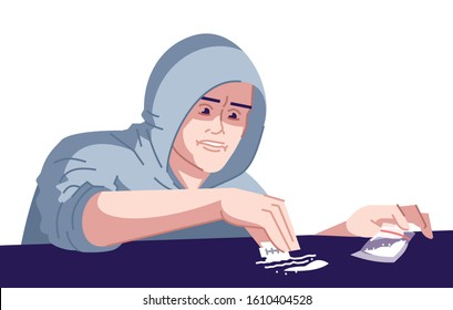 Cocaine addiction flat color vector illustration. Addict guy in excitement before taking substance. Man making lines of cocaine dose on table isolated cartoon character on white background