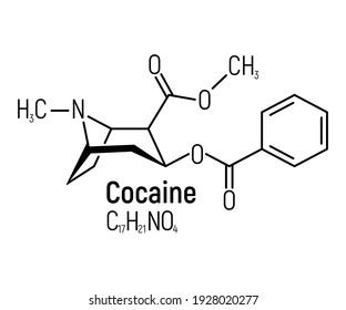 Cocaine concept chemical formula icon label, text font vector illustration, isolated on white. Periodic element table, addictive drug stuff.