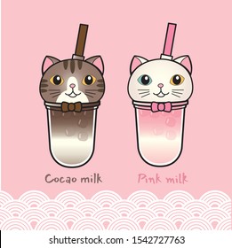 Cocao and Pink milk tea. Cute Cat bubble tea. 