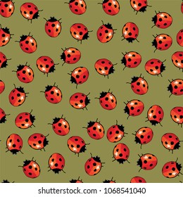 Coccinella. The red beetle is a symbol of the sun.Spring sun and flowering white cherries.Insect with black dots.Coccinella in the sun.