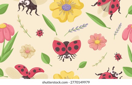 Coccinellidae and flowers seamless pattern. Summer insects nature background with lavender and ladybirds vector