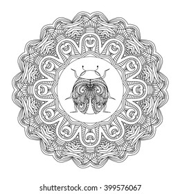 Coccinellidae. Hand drawn ethnic patterned in doodle, zentangle style. Coloring book page for adults and child- zendala, design for relax and meditation, vector isolated on white background