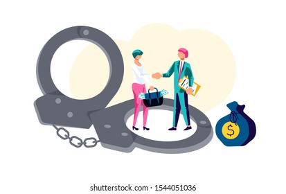 Cocept of Corruption and Bribery in business.  Two business people shake hands after making a deal in exchange for a portfolio of money. In the foreground handcuffs. Flat Art Vector illustration