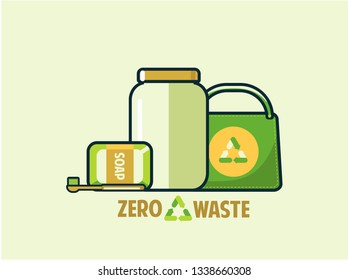 Cocept of zero waste, earth day, no plastic, ecology problem, natural resources with icons in green color. Flat illustration in vector design