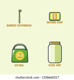 Cocept of zero waste, earth day, no plastic, ecology problem, natural resources with icons in green color. Flat illustration in vector design