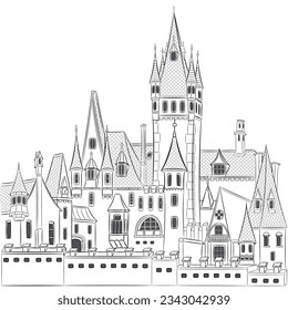 Cochem. Black and white drawing of an old medieval castle.