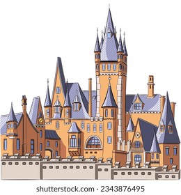 Cochem. Color drawing of an old medieval castle with a fortress wall.