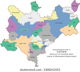 Cochem verbandsgemeinde map of Cochem-Zell district Rhineland-Palatinate state in Germany. Vectored. Colors shamrock, concrete, polo blue, drover, orchid, silver, caramel