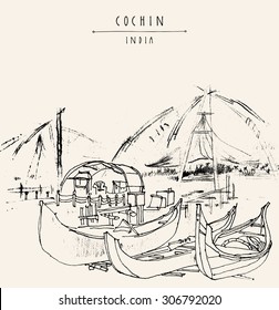 Cochin, Kerala, India. Wooden boats and Chinese fishing nets on Vembanad lake. Travel sketchy freehand drawing. Vector touristic postcard poster coloring book page with "Cochin, India" hand lettering