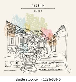 Cochin (Kochi), Kerala, India. Jew Road in Jew Town. Heritage colonial buildings. View of tiled roofs from a window with a plant. Travel sketch, book illustration. Vector hand drawn travel postcard