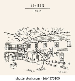 Cochin (Kochi), Kerala, India. Old architecture. Heritage colonial buildings and tropical plants in the garden. Famous historical landmark in summer. Vector EPS 10 vintage hand drawn travel postcard