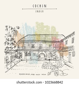 Cochin (Kochi), Kerala, South India. Pepper House. Heritage colonial building, monstera tropical plant in the garden. Famous historical landmark in summer. Vector hand drawn travel postcard