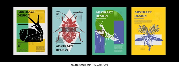 Cochlea, helix, snail, beetle dorr, mantis, Glowworm. Set of vector posters with insects. Engraving illustrations and typography. Background images for cover, banner