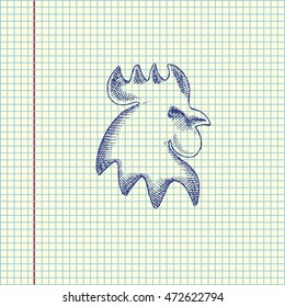 Cock 2017 symbol. Hand drawn vector stock illustration. Sheet ball pen drawing.