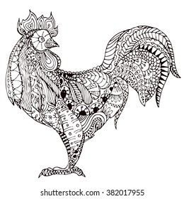 Cock. Black white hand drawn doodle birds. Ethnic patterned vector illustration. African, indian, totem, tribal, design. Sketch for adult antistress coloring page, tattoo, poster, print, t-shirt

