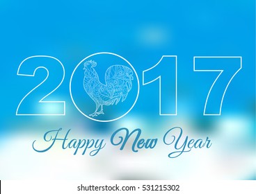 Cock. Blue and white backgrounds. Symbol 2017. Rooster 2017. Happy New Year. Holiday card, banner