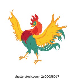 Cock. A bright colored rooster. A cartoon-style rooster. The vector illustration is isolated on a white background
