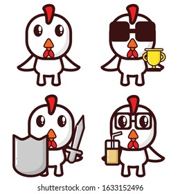 Cock Cartoon Mascot Vector Illustration. Set 4 Cute, Simple, And Modern Style.