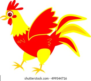 Cock cartoon, wings up, big eyes, vector.Vector illustration of rooster. a symbol of 2017. element for New Year's design. Image of 2017 year of Red Rooster.