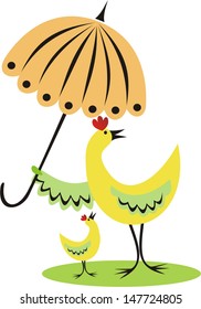 Cock and chicken cartoon with umbrella vector illustration