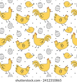 Cock, Chicken, chicks and eggs. Easter, spring seamless vector pattern for baby fabric, decoration, wrapping paper and wallpaper.