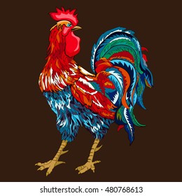 Cock, with colorful bright colored bird feathers a dark brown background. Fiery red rooster a symbol of 2017. Vector illustration