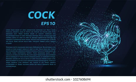The cock consists of particles. The cock consists of dots and circles. Blue rooster on a dark background.