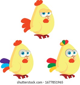 Cock in different colors. Character design. Bird character design.