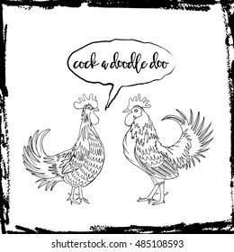 Cock a doodle doo calligraphy writing in speech bubble. Hipster design with roosters. Hand drawing morning roosters birds on white background. svg